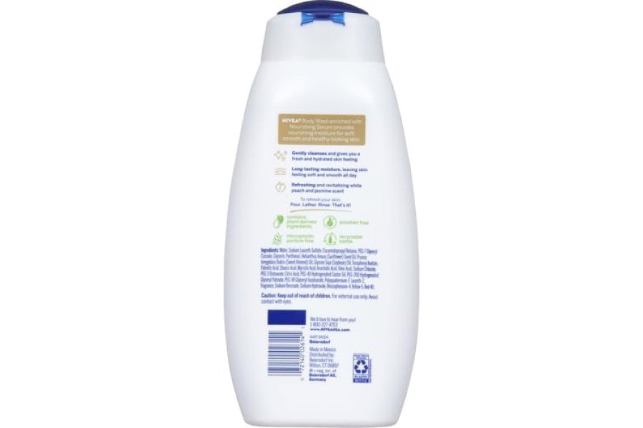 NIVEA Gel de baño refrescante de melocotón blanco y jazmín, gel de baño perfumado con suero nutritivo, aceites derivados de plantas, lípidos y vitaminas esenciales para la piel, botella de 20 onzas líquidas - Image 3