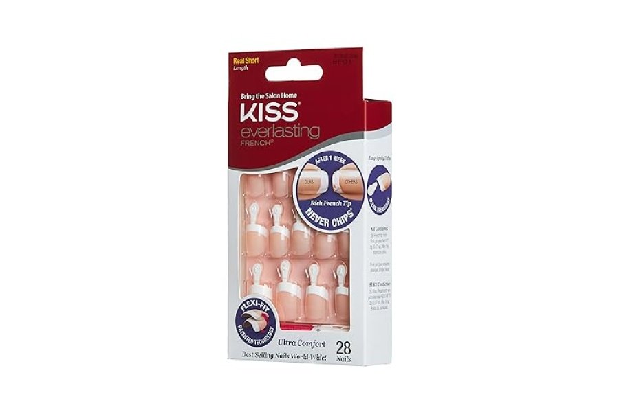 Manicura de uñas francesa Kiss Everlasting, sin astillas con tecnología Flexi-Fit, kit de uñas realmente corto, "interminable", con pegamento para uñas rosa (peso neto 2 g/0,07 oz), mini lima, barra de manicura y 28 uñas postizas - Image 2