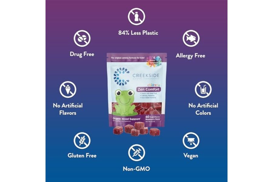 Creekside Natural Therapeutics Zen Comfort para niños, apoyo orgánico del estado de ánimo con 5-HTP, L-teanina, pasiflora, formulado por pediatras, gomitas veganas, sabor a frambuesa, 60 masticables de frutas reales - Image 4