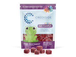 Creekside Natural Therapeutics Zen Comfort para niños, apoyo orgánico del estado de ánimo con 5-HTP, L-teanina, pasiflora, formulado por pediatras, gomitas veganas, sabor a frambuesa, 60 masticables de frutas reales