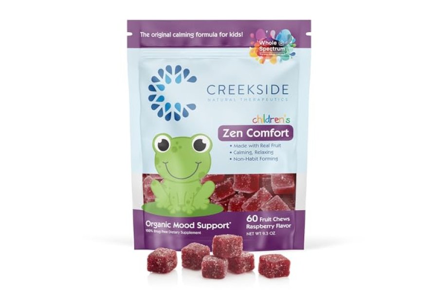 Creekside Natural Therapeutics Zen Comfort para niños, apoyo orgánico del estado de ánimo con 5-HTP, L-teanina, pasiflora, formulado por pediatras, gomitas veganas, sabor a frambuesa, 60 masticables de frutas reales