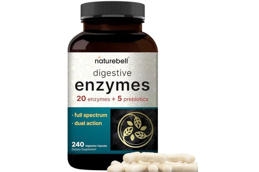 NatureBell Enzimas Digestivas con Prebióticos | 240 cápsulas vegetales - 20 enzimas y 5 complejos de enzimas pancreáticas prebióticas - Alivio de la hinchazón para mujeres y hombres, sin OGM, apto para veganos