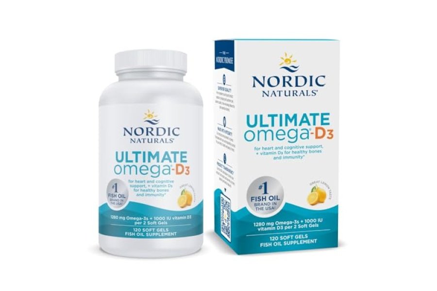 Nordic Naturals Ultimate Omega-D3, sabor a limón - 120 cápsulas blandas - 1280 mg Omega-3 + 1000 UI de vitamina D3 - Aceite de pescado Omega-3 - EPA y DHA - Promueve la salud del cerebro, el corazón, las articulaciones y el sistema inmunológico - 60 porciones