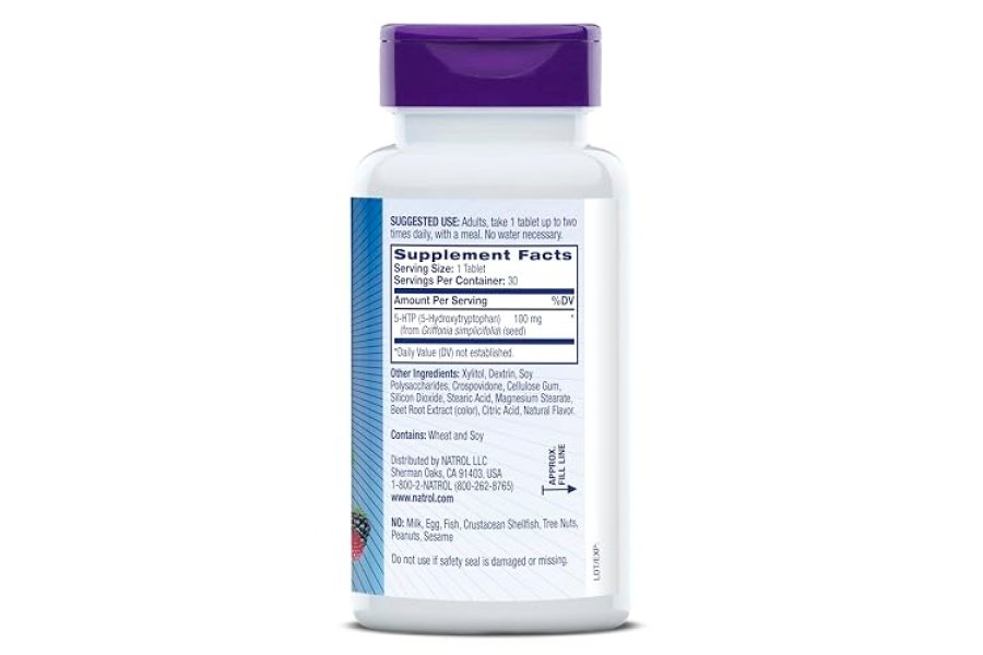 Natrol 5-HTP 100 mg, suplemento dietético sin medicamentos que ayuda a mantener un estado de ánimo equilibrado, 30 tabletas de disolución rápida con sabor a bayas mixtas, suministro para 15 a 30 días - Image 9