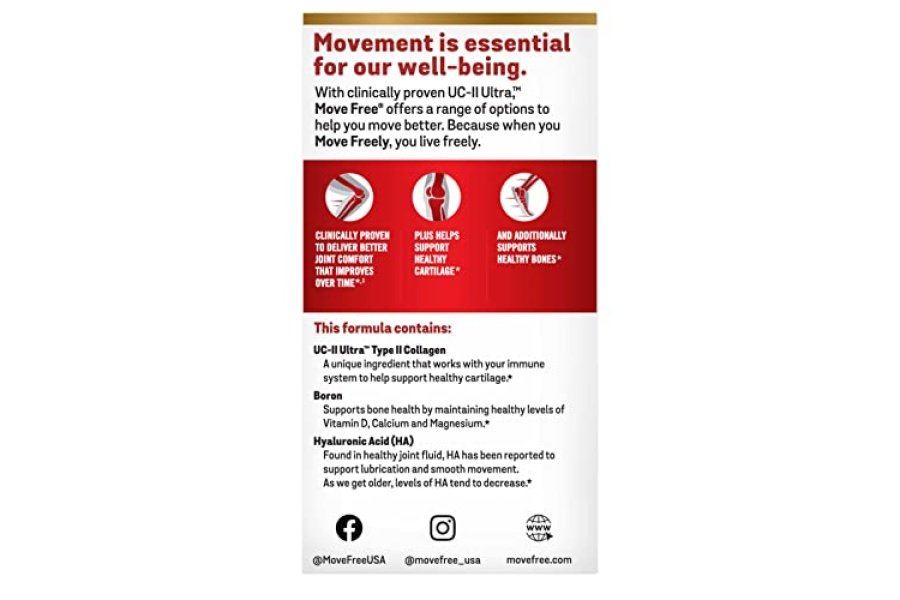 Suplemento de apoyo para las articulaciones Move Free Ultra Triple Action - Colágeno boro tipo II y ácido hialurónico - Apoya la comodidad de las articulaciones, los cartílagos y los huesos en 1 pequeña pastilla por día, 64 tabletas (64 porciones)* - Image 8
