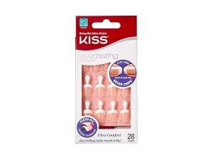 Manicura de uñas francesa Kiss Everlasting, sin astillas con tecnología Flexi-Fit, kit de uñas realmente corto, "interminable", con pegamento para uñas rosa (peso neto 2 g/0,07 oz), mini lima, barra de manicura y 28 uñas postizas