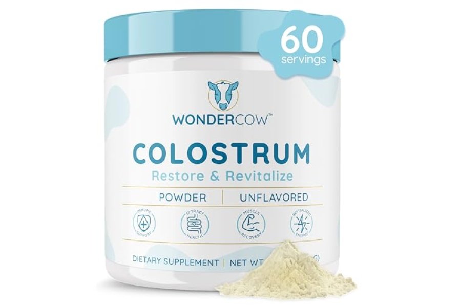 WONDERCOW Suplemento de calostro en polvo para salud intestinal, apoyo inmunológico, recuperación muscular y bienestar | Súper alimento de calostro bovino entero puro IgG natural, sin sabor, 60 porciones