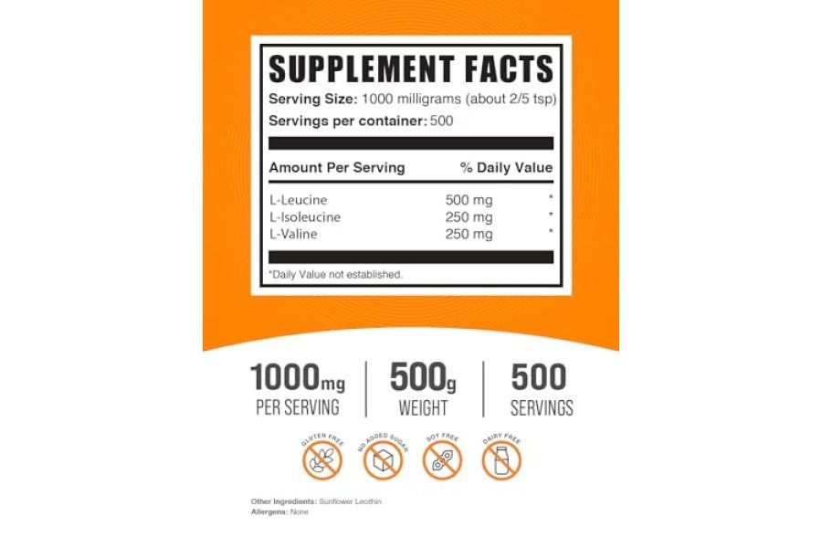 BulkSupplements.com BCAA 2:1:1 en polvo - Aminoácidos de cadena ramificada, suplemento de BCAA, aminoácidos BCAA en polvo - Sin sabor y sin gluten, 1000 mg por porción, 500 g (1,1 libras) (paquete de 1) - Image 2