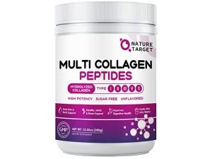 NATURE TARGET Polvo de péptidos de colágeno múltiple - Tipo I, II, III, V, X - Péptidos de colágeno hidrolizados con ácido hialurónico de vitamina C, apoya la piel, el cabello, las uñas y las articulaciones, alimentado con pasto, sin OGM, 35 porciones