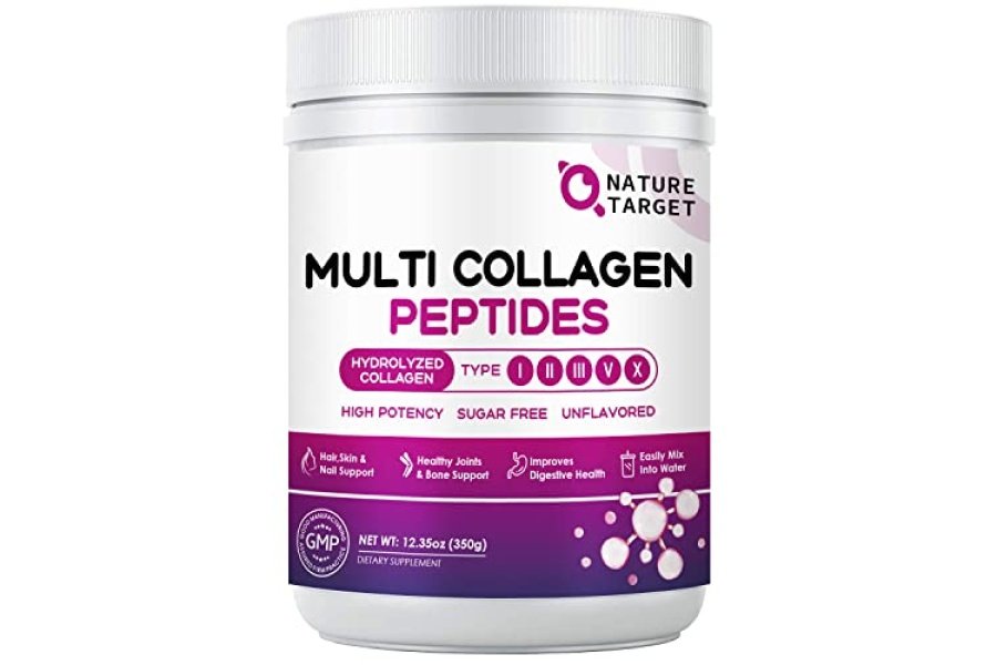 NATURE TARGET Polvo de péptidos de colágeno múltiple - Tipo I, II, III, V, X - Péptidos de colágeno hidrolizados con ácido hialurónico de vitamina C, apoya la piel, el cabello, las uñas y las articulaciones, alimentado con pasto, sin OGM, 35 porciones