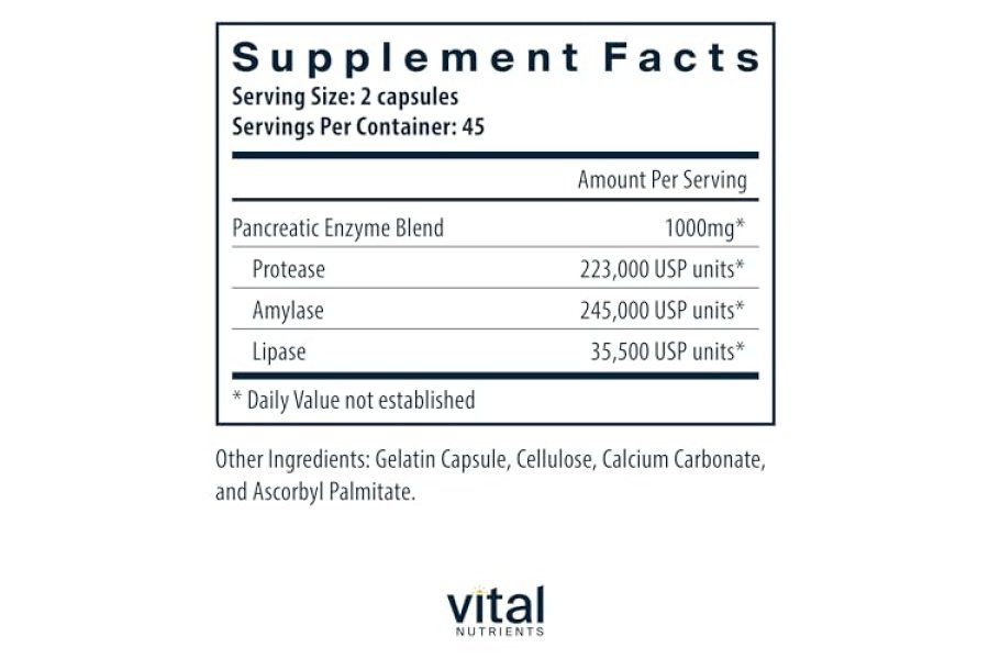 Vital Nutrients Enzimas pancreáticas 1000 mg (potencia total) | Suplemento de digestión de pancreatina con proteasa, amilasa y lipasa | Enzimas Digestivas | Sin gluten, lácteos ni soja | 90 Cápsulas - Image 2