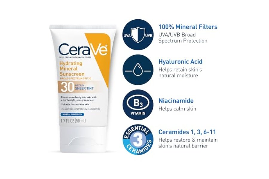 Protector solar mineral hidratante CeraVe SPF 30 con tinte transparente | Protector solar mineral teñido con óxido de zinc y dióxido de titanio | Se mezcla perfectamente para un brillo saludable | Mediano, 1,7 onzas líquidas - Image 6