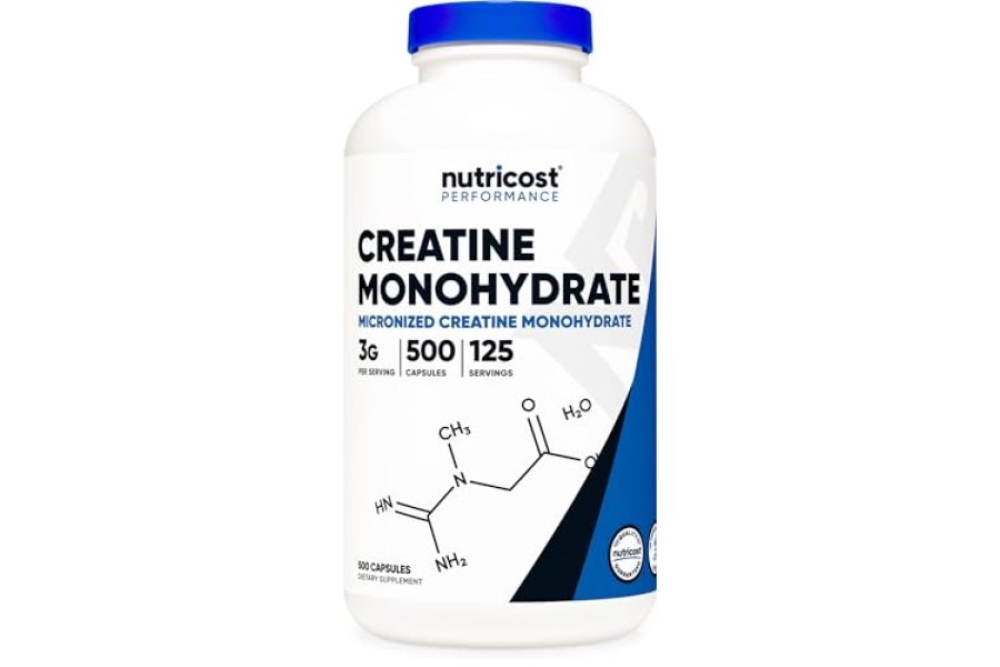 Nutricost Monohidrato de creatina micronizado 3000 mg 500 cápsulas, 125 porciones, 750 mg de monohidrato de creatina por cápsula