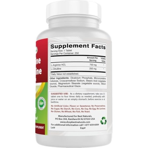 Best Naturals L-Arginina L-Citrulina Complejo Tabletas, 250 unidades - Image 6