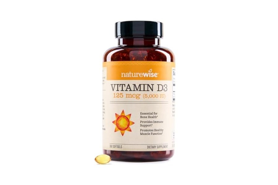NatureWise Vitamina D3 5000 UI (125 mcg) Suministro para 1 año para una función muscular saludable y apoyo inmunológico, sin OGM, sin gluten en aceite de oliva prensado en frío, el empaque varía (mini cápsula blanda), 360 unidades