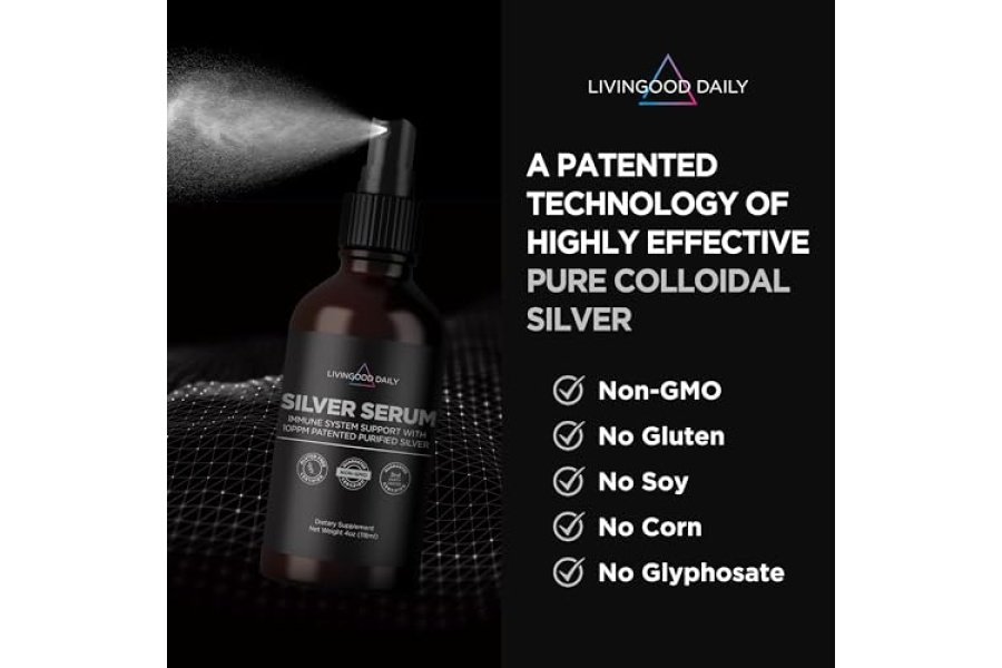 Livingood Spray líquido de plata coloidal diaria, suero de plata (4 onzas líquidas) - Spray de plata coloidal de 10 PPM para ojos, boca, oídos, nariz y piel - Suplemento de apoyo inmunológico para la salud urinaria - Sin OGM, vegano - Image 2