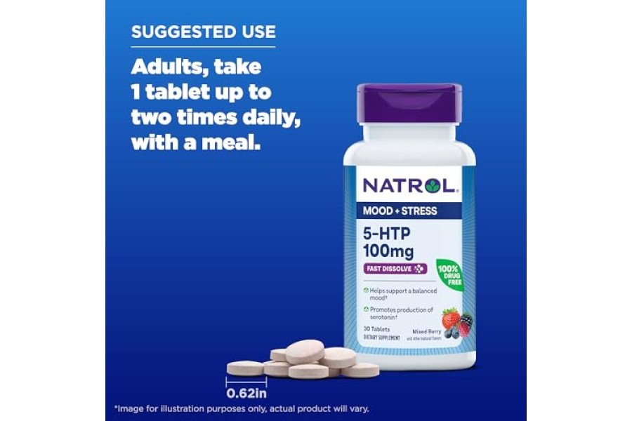 Natrol 5-HTP 100 mg, suplemento dietético sin medicamentos que ayuda a mantener un estado de ánimo equilibrado, 30 tabletas de disolución rápida con sabor a bayas mixtas, suministro para 15 a 30 días - Image 6