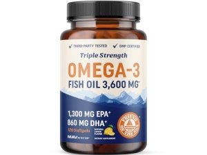 Aceite de pescado Omega 3 de triple potencia 3600 mg | EPA y DHA | Más de 2100 mg de ácidos grasos omega-3 | 1300 mg de EPA + 860 mg de DHA | Los mejores ácidos grasos esenciales | Suplementos premium de gel blando sin eructos (120 unidades)