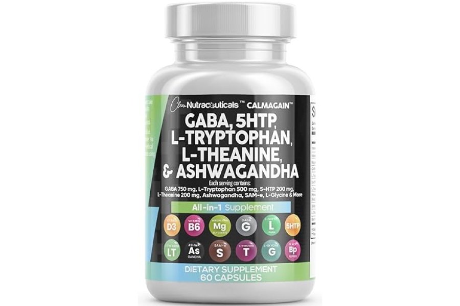 Clean Nutraceuticals GABA 750 mg 5 HTP 200 mg L Triptófano 500 mg L Teanina 200 mg Ashwagandha 3000 mg SAM-e L-Glicina - Vitaminas de apoyo al estado de ánimo para mujeres y hombres con L-tirosina - Conteo