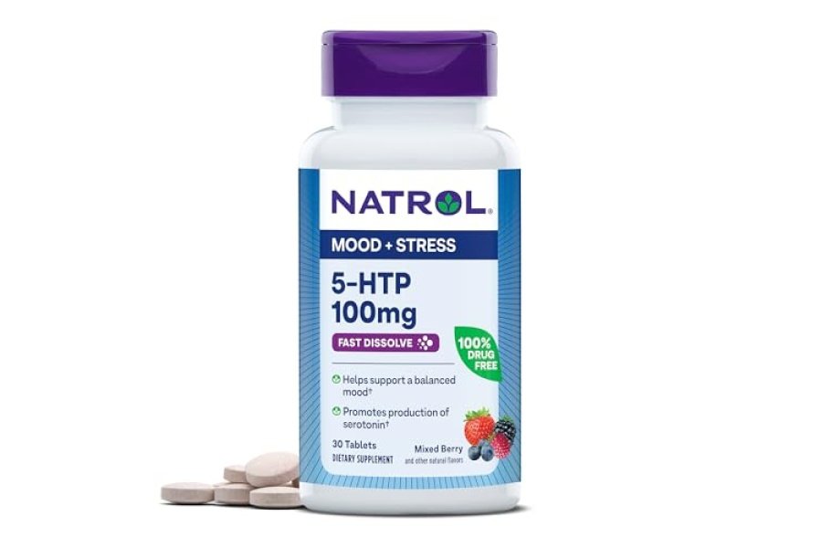 Natrol 5-HTP 100 mg, suplemento dietético sin medicamentos que ayuda a mantener un estado de ánimo equilibrado, 30 tabletas de disolución rápida con sabor a bayas mixtas, suministro para 15 a 30 días