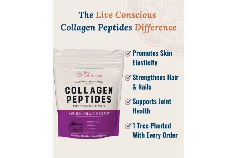 Polvo de péptidos de colágeno Live Conscious - Polvo de colágeno hidrolizado de origen natural - Soporte para cabello, piel, uñas y articulaciones - Suplementos de colágeno alimentados con pasto tipo I y III para mujeres y hombres - 16 oz - Image 3
