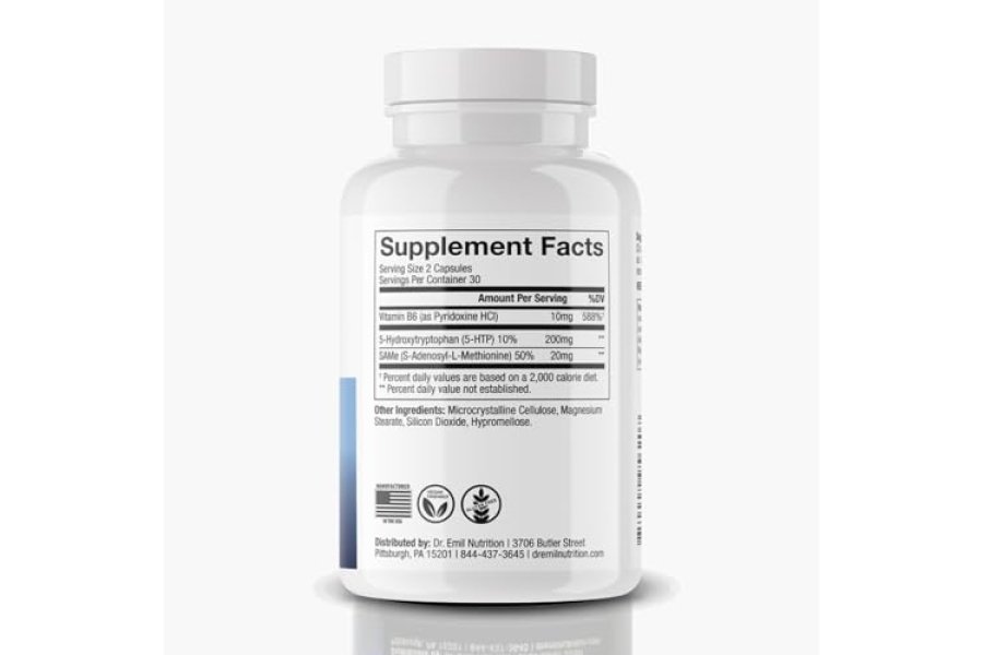 DR. EMIL NUTRITION 200 MG 5-HTP Plus con SAM-e para mantener un sueño normal y saludable y crear una sensación de bienestar - Suplemento 5HTP con vitamina B6-60 cápsulas veganas, 30 porciones - Image 6