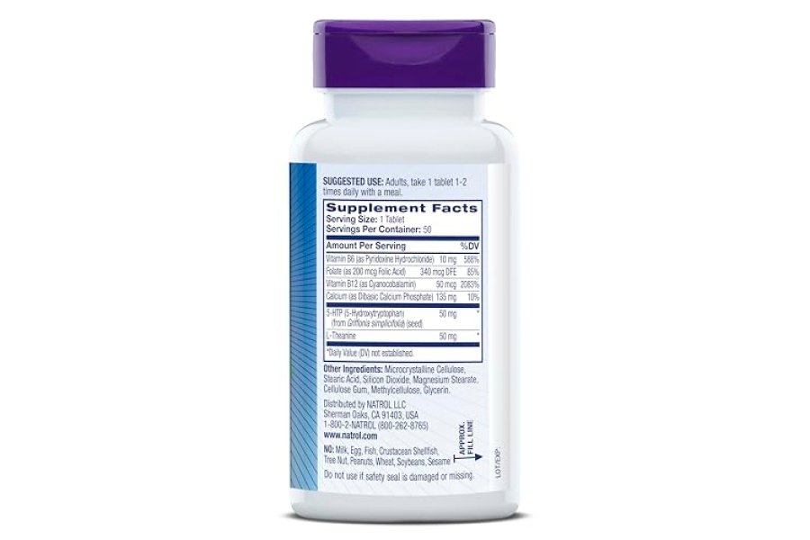 Natrol Mood Positive 5-HTP 50 mg con L-teanina, vitamina B6, vitamina B12 y folato, suplemento dietético que ayuda a mantener un estado de ánimo positivo, 50 tabletas, suministro para 25 a 50 días - Image 8
