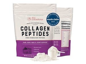 Polvo de péptidos de colágeno Live Conscious - Polvo de colágeno hidrolizado de origen natural - Soporte para cabello, piel, uñas y articulaciones - Suplementos de colágeno alimentados con pasto tipo I y III para mujeres y hombres - 16 oz