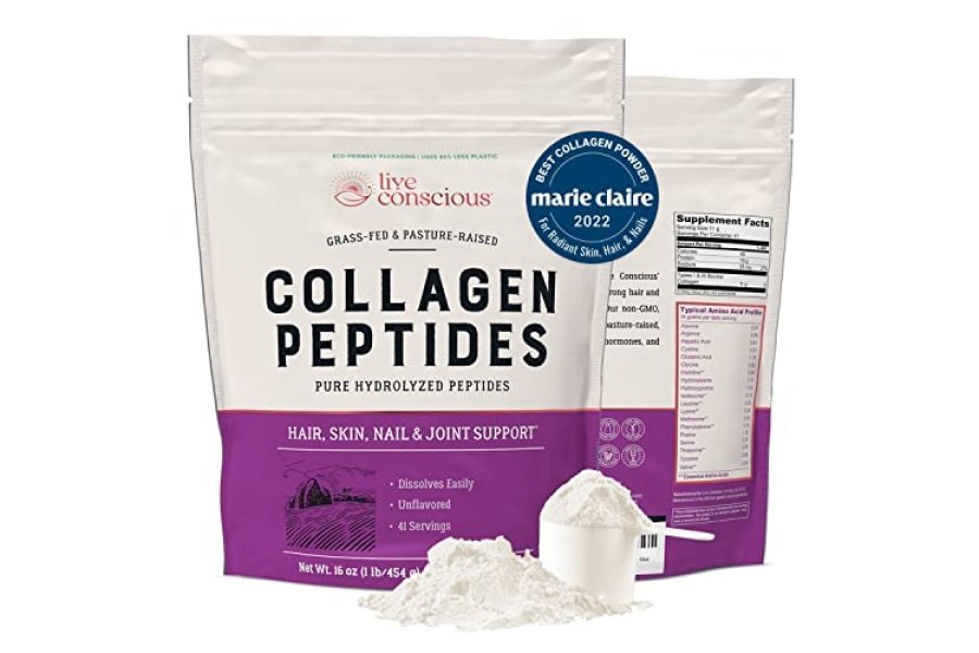 Polvo de péptidos de colágeno Live Conscious - Polvo de colágeno hidrolizado de origen natural - Soporte para cabello, piel, uñas y articulaciones - Suplementos de colágeno alimentados con pasto tipo I y III para mujeres y hombres - 16 oz