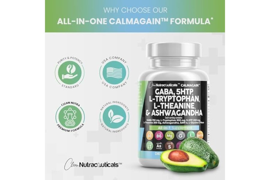 Clean Nutraceuticals GABA 750 mg 5 HTP 200 mg L Triptófano 500 mg L Teanina 200 mg Ashwagandha 3000 mg SAM-e L-Glicina - Vitaminas de apoyo al estado de ánimo para mujeres y hombres con L-tirosina - Conteo - Image 7