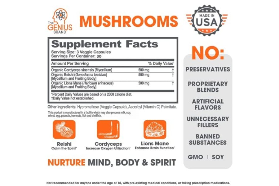 Suplemento de hongos Genius - Melena de león, Cordyceps, Reishi - Nootrópico cerebral para energía, concentración, bienestar general y apoyo inmunológico, - 90 píldoras vegetales - Image 2