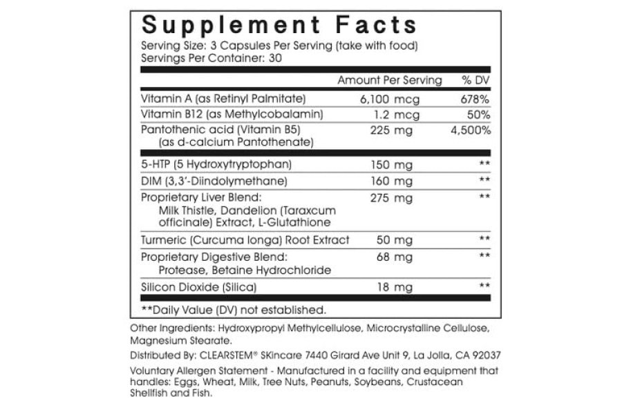 CLEARstem - Suplemento hormonal para el acné MINDBODYSKIN (5-HTP) - Suplemento DIM natural - Vitaminas para el cuidado de la piel - Equilibrio hormonal, antioxidantes - Vegano, sin gluten, sin crueldad - 30 porciones, 90 cápsulas - Image 5