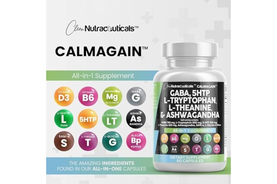 Clean Nutraceuticals GABA 750 mg 5 HTP 200 mg L Triptófano 500 mg L Teanina 200 mg Ashwagandha 3000 mg SAM-e L-Glicina - Vitaminas de apoyo al estado de ánimo para mujeres y hombres con L-tirosina - Conteo - Image 8