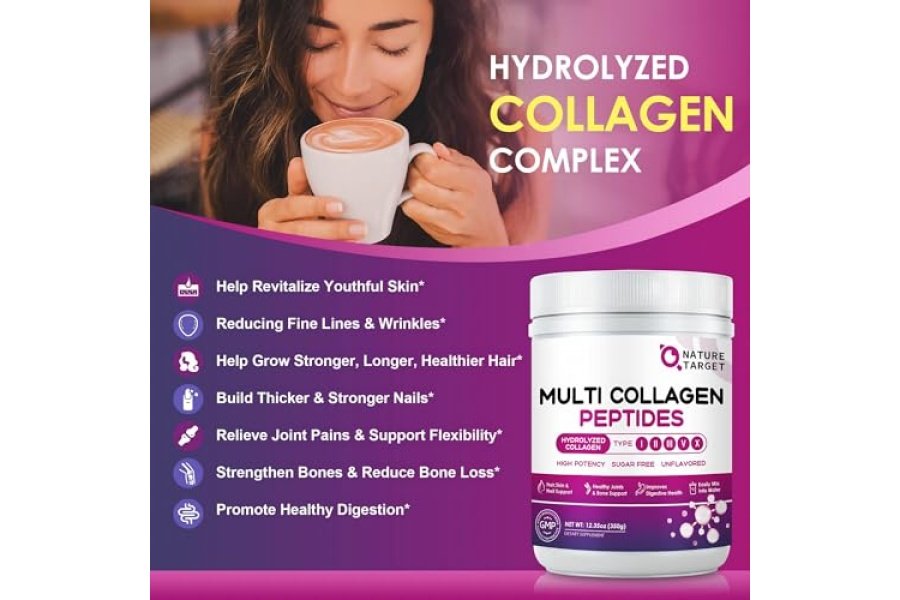 NATURE TARGET Polvo de péptidos de colágeno múltiple - Tipo I, II, III, V, X - Péptidos de colágeno hidrolizados con ácido hialurónico de vitamina C, apoya la piel, el cabello, las uñas y las articulaciones, alimentado con pasto, sin OGM, 35 porciones - Image 3