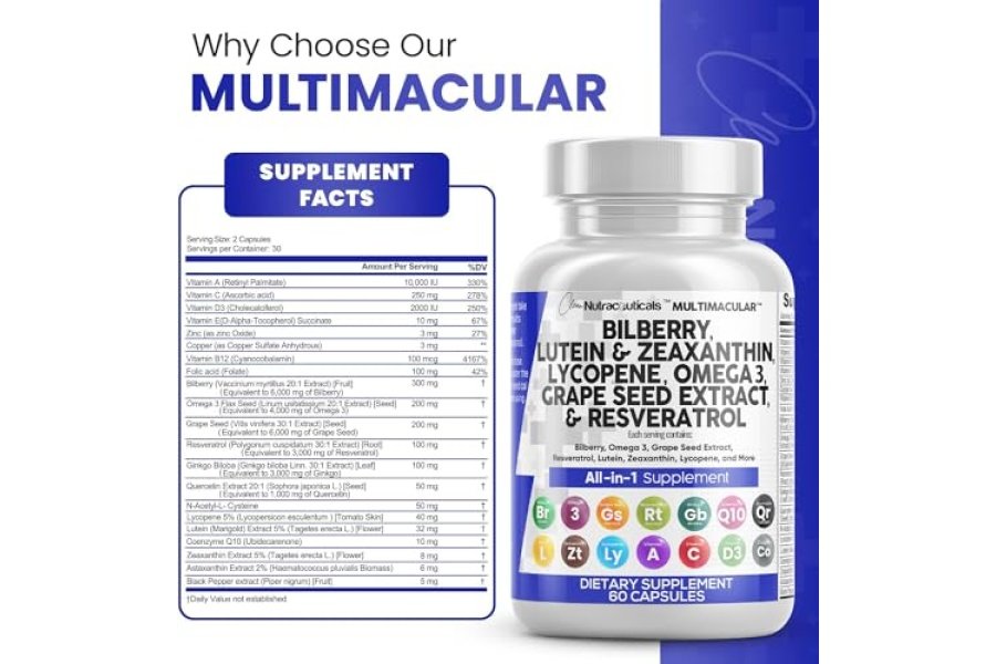Vitaminas para la salud de los ojos con arándano 6000 mg luteína y zeaxantina 40 mg licopeno 40 mg resveratrol 3000 mg extracto de semilla de uva 6000 mg Omega 3 4000 mg astaxantina - Vitamina para los ojos - 60 cápsulas - Image 4