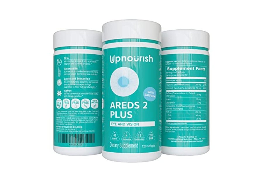 UpNourish AREDS 2+ - Suplemento vitamínico avanzado para la salud macular y el ojo seco - Luteína, zeaxantina, azafrán, astaxantina y DHA - Soporta la tensión ocular, la presión y la visión nocturna - 120 cápsulas blandas