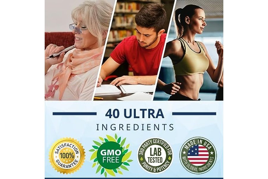 Suplemento estimulante del cerebro 40 en 1 para concentración, memoria, claridad y energía | Libro electrónico Advanced Vitamins Plus | Para hombres y mujeres, apoyo nootrópico de la función cognitiva con DMAE, fórmula para la salud cerebral | 60 Cápsulas - Image 4