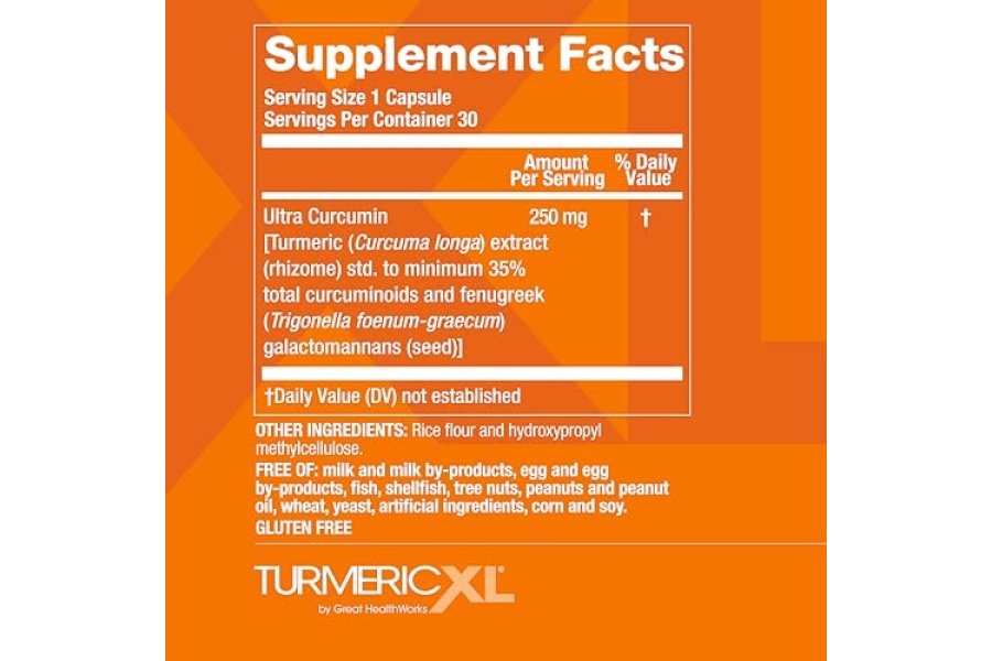 TurmericXL Suplemento natural de apoyo para las articulaciones y respuesta inflamatoria saludable - 250 mg de extracto de cúrcuma proporciona 45 veces más curcumina - Alta absorción, sin gluten - 30 cápsulas vegetales - Image 2