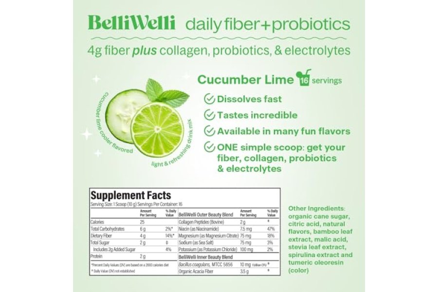 Belli Welli Suplemento diario de fibra con colágeno, probióticos y electrolitos añadidos | Apoya la salud digestiva y la regularidad | Enfriador de pepino y lima | 16 porciones - Image 3