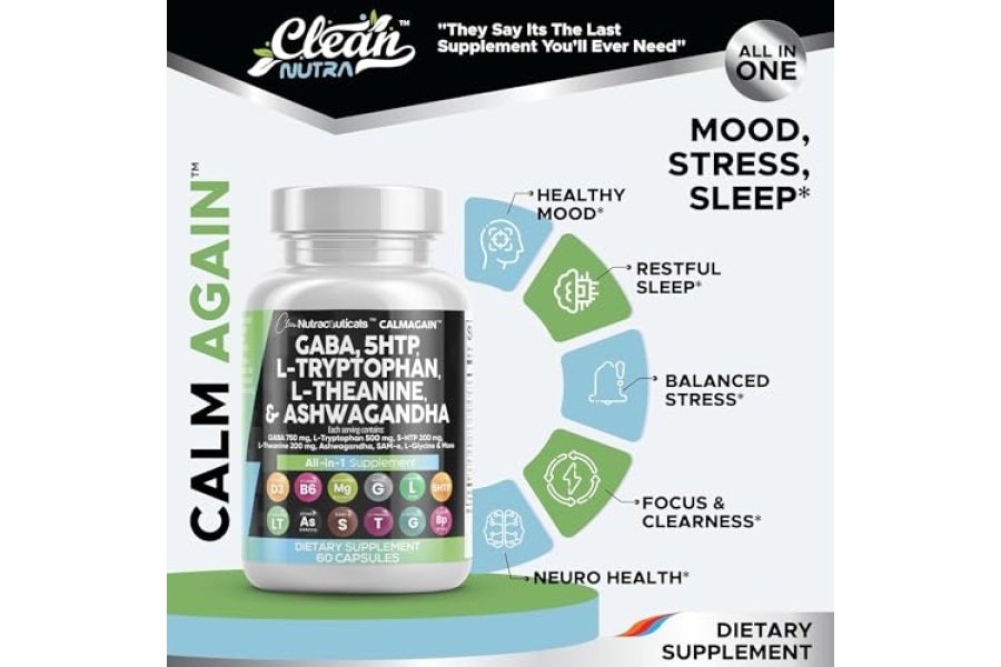 Clean Nutraceuticals GABA 750 mg 5 HTP 200 mg L Triptófano 500 mg L Teanina 200 mg Ashwagandha 3000 mg SAM-e L-Glicina - Vitaminas de apoyo al estado de ánimo para mujeres y hombres con L-tirosina - Conteo - Image 2