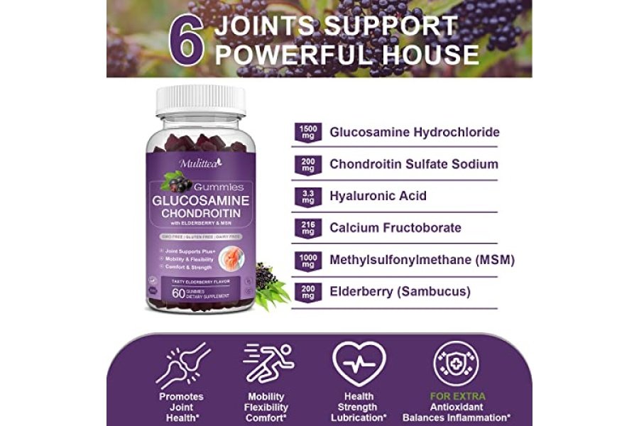 Gomitas de glucosamina y condroitina Mulittea, suplemento de apoyo para las articulaciones extrafuerte con MSM y saúco para articulaciones naturales, apoyo inmunológico antioxidante para adultos, hombres y mujeres (paquete de 2) - Image 3