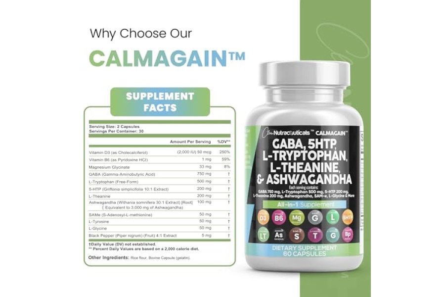 Clean Nutraceuticals GABA 750 mg 5 HTP 200 mg L Triptófano 500 mg L Teanina 200 mg Ashwagandha 3000 mg SAM-e L-Glicina - Vitaminas de apoyo al estado de ánimo para mujeres y hombres con L-tirosina - Conteo - Image 4