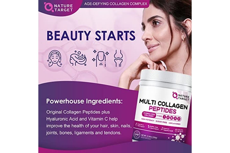NATURE TARGET Polvo de péptidos de colágeno múltiple - Tipo I, II, III, V, X - Péptidos de colágeno hidrolizados con ácido hialurónico de vitamina C, apoya la piel, el cabello, las uñas y las articulaciones, alimentado con pasto, sin OGM, 35 porciones - Image 4