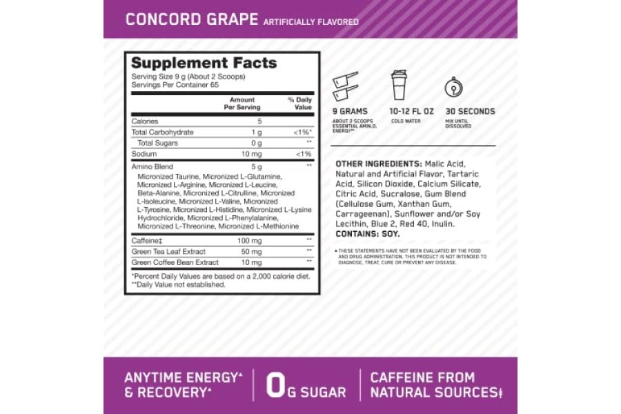 Optimum Nutrition Amino Energy - Pre entrenamiento con té verde, BCAA, aminoácidos, Keto Friendly, extracto de café verde, polvo energético - Uva Concord, 65 porciones (el embalaje puede variar) - Image 3