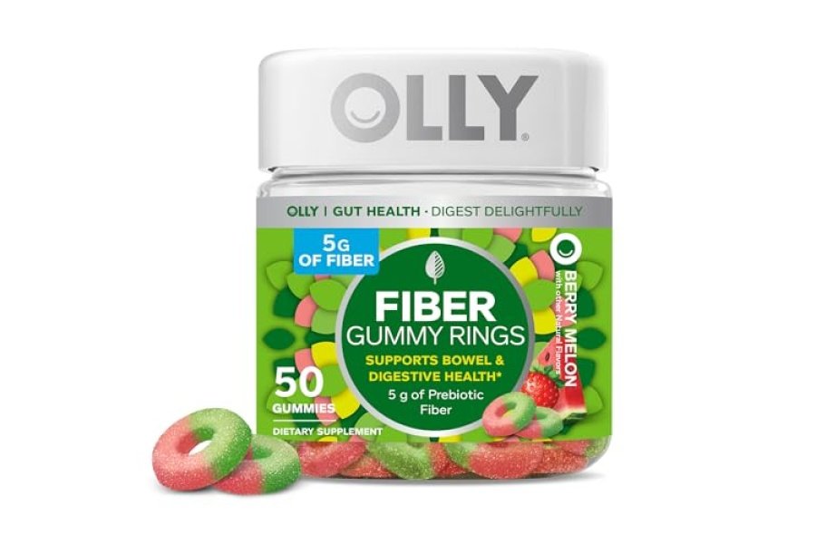 Anillos de goma de fibra OLLY, 5 g de fibra prebiótica, FOS (fructooligosacáridos), apoyo digestivo, melón y bayas, 50 unidades