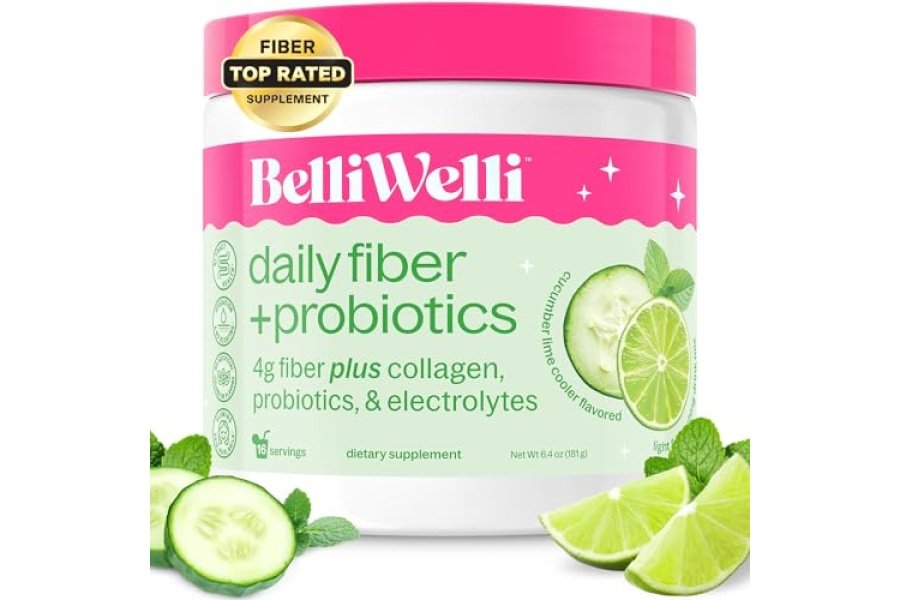 Belli Welli Suplemento diario de fibra con colágeno, probióticos y electrolitos añadidos | Apoya la salud digestiva y la regularidad | Enfriador de pepino y lima | 16 porciones