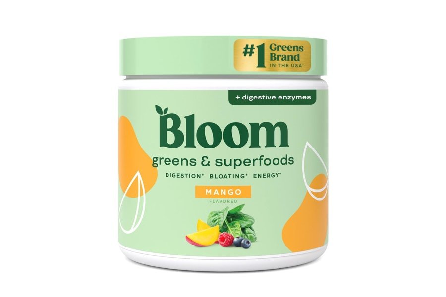 Bloom Nutrition Superfood Greens Powder, enzimas digestivas con probióticos y prebióticos, salud intestinal, alivio de la hinchazón para mujeres, clorella, mezcla de jugo verde con polvo de raíz de remolacha, 30 SVG, mango