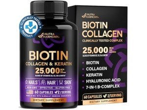 Biotina | colágeno | Queratina - Suplemento clínicamente probado - Apoyo al crecimiento del cabello - Complejo para piel y uñas 25000 mcg - Ácido hialurónico | B2 | B3 | B6 | B7 - Fabricado en EE. UU. - Para mujeres y hombres | 60 Cápsulas