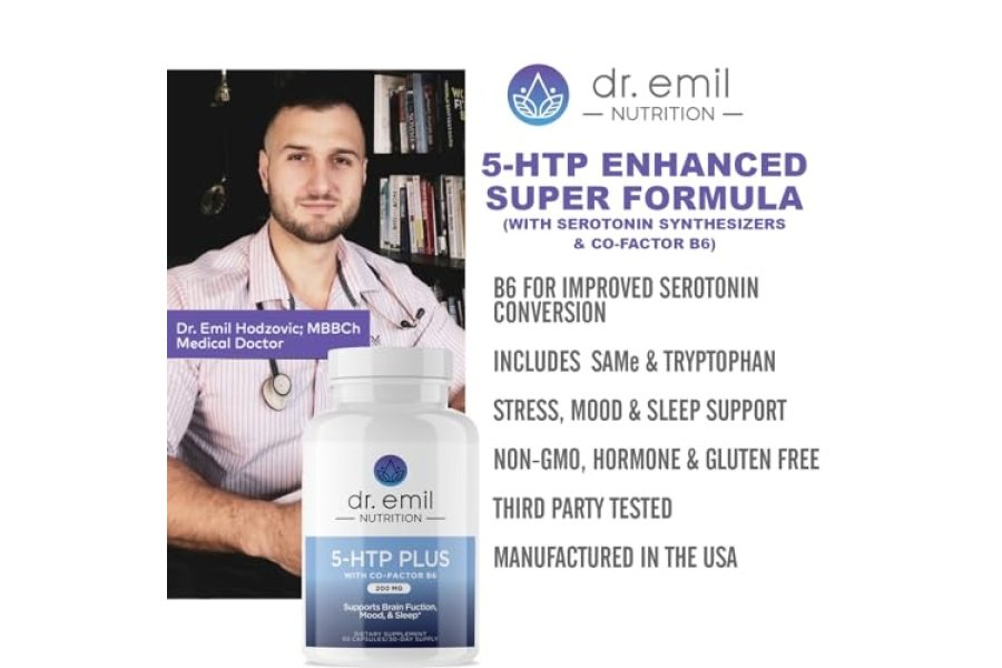 DR. EMIL NUTRITION 200 MG 5-HTP Plus con SAM-e para mantener un sueño normal y saludable y crear una sensación de bienestar - Suplemento 5HTP con vitamina B6-60 cápsulas veganas, 30 porciones - Image 3