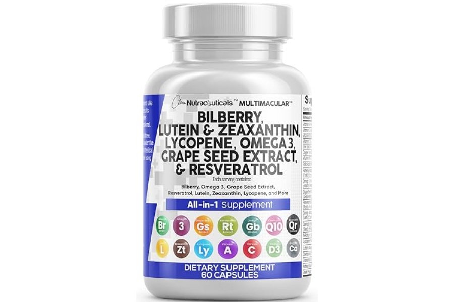 Vitaminas para la salud de los ojos con arándano 6000 mg luteína y zeaxantina 40 mg licopeno 40 mg resveratrol 3000 mg extracto de semilla de uva 6000 mg Omega 3 4000 mg astaxantina - Vitamina para los ojos - 60 cápsulas